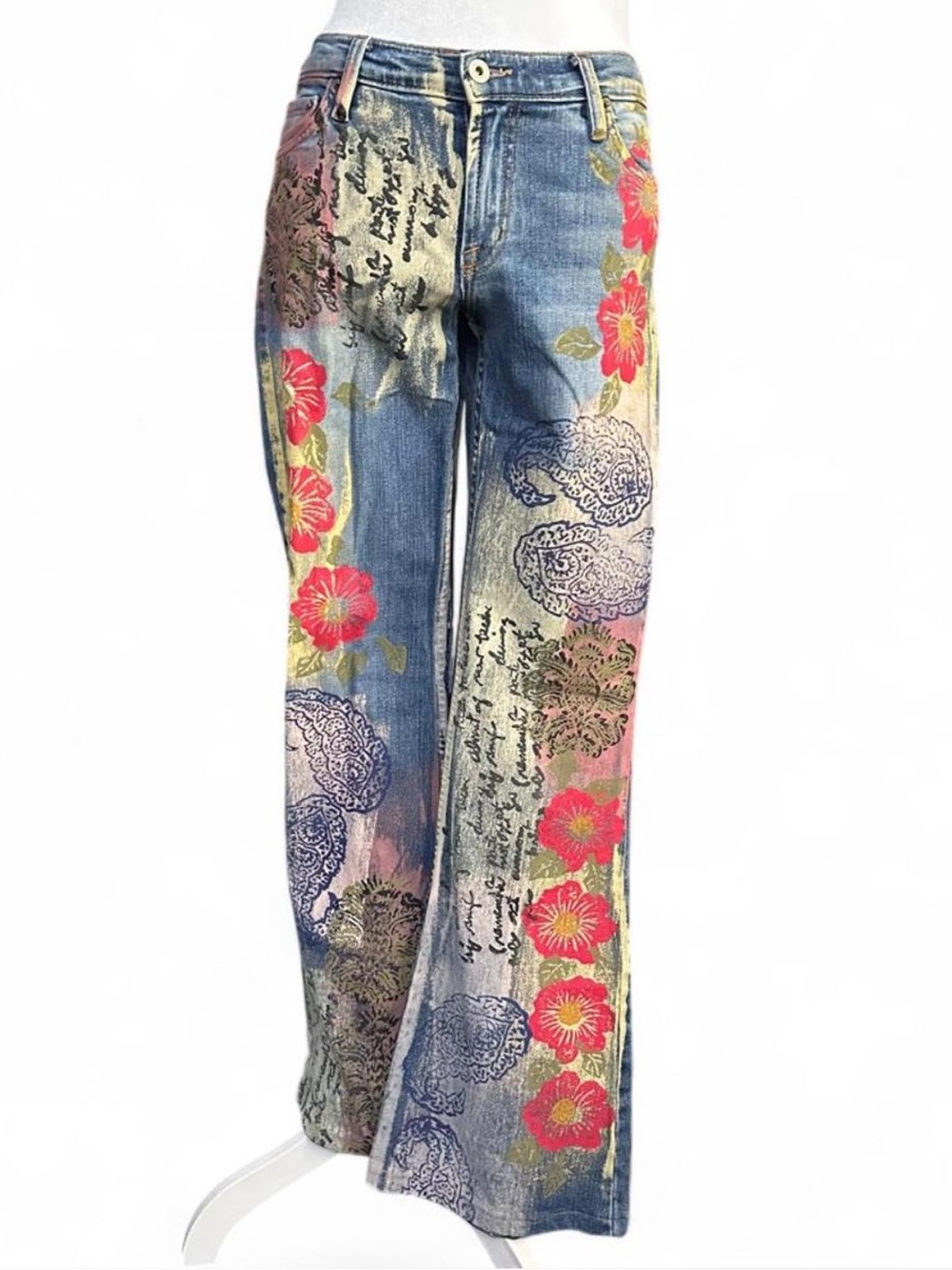 Allen B Y2K painted decorative mid rise flares